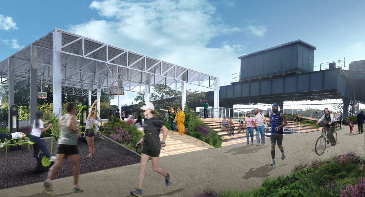 At the southern section near Rockaway Boulevard, proposed features include exercise and environmental education stations. (Image: QueensWay)