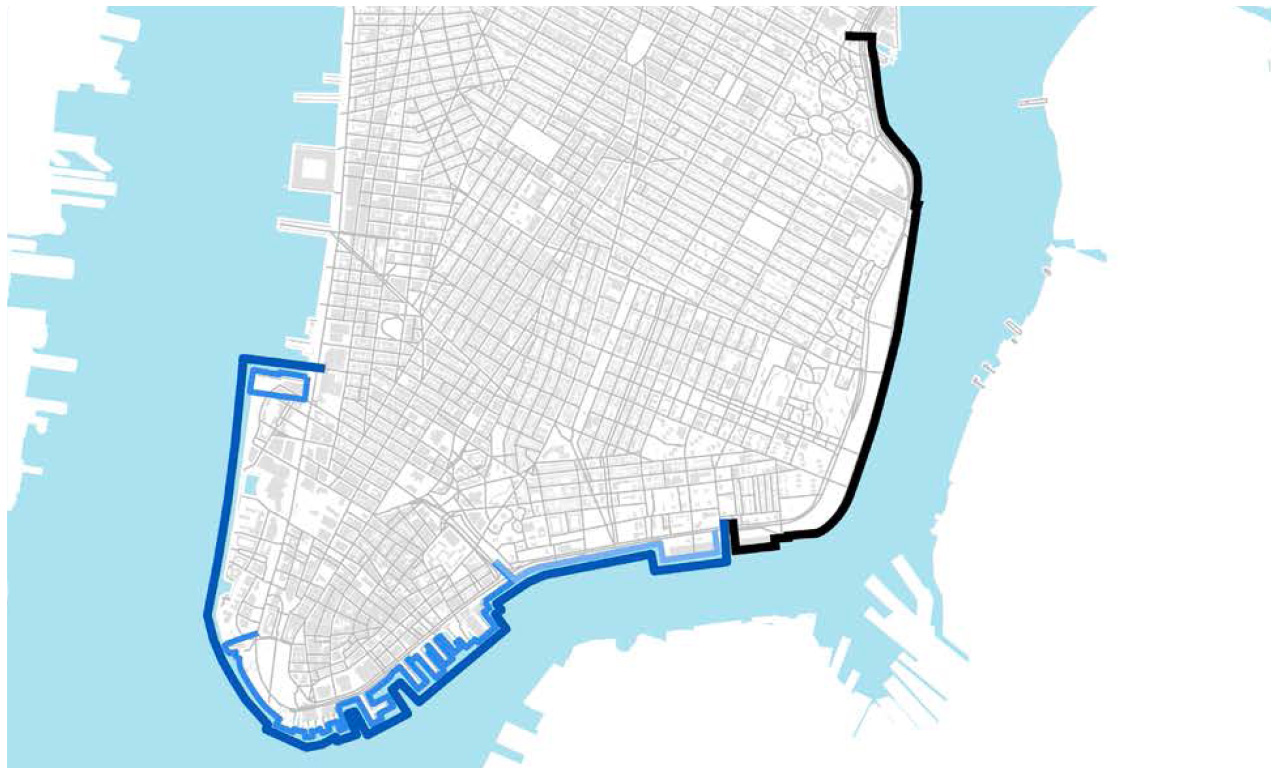 The black line traces the East Side Coastal Resiliency project; The blue lines trace the components of the Lower Manhattan Coastal Resiliency project. (LMCR)