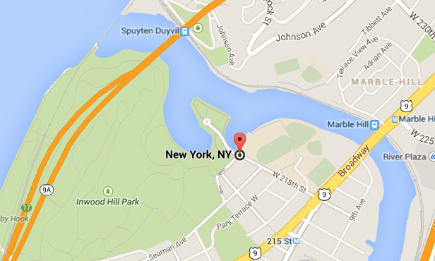 Northern Manhattan today, with Muscota Park marked. (Google)