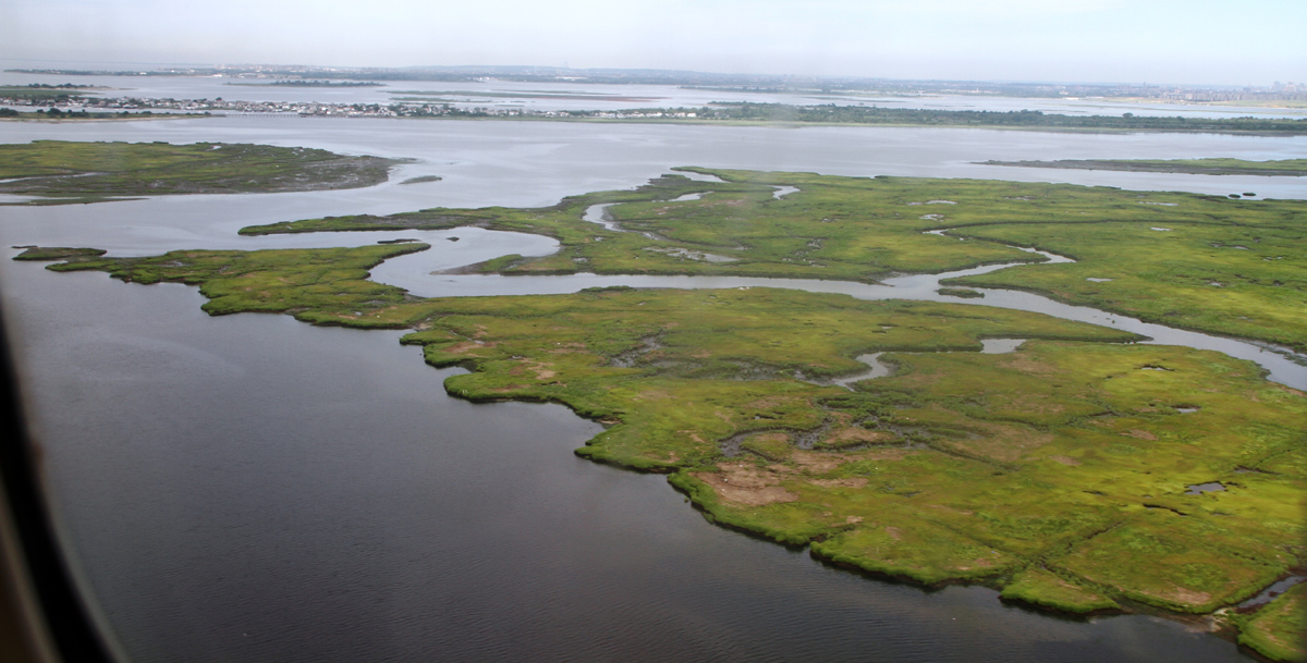 Jamaica Bay from the air, showing the extensive wetlands. (Wikimedia)