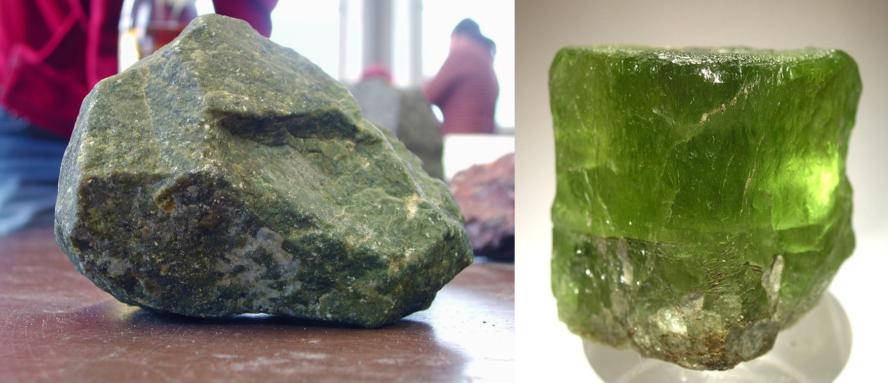 A peridotite rock on the left, the mineral olivine on right. Olivine reacts with CO2 from air in a natural process. (Photo: דקי)