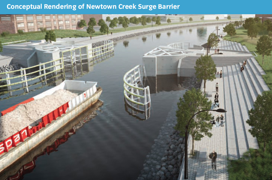 A proposed surge barrier for a revitalized Newtown Creek. (Image: SIRR)