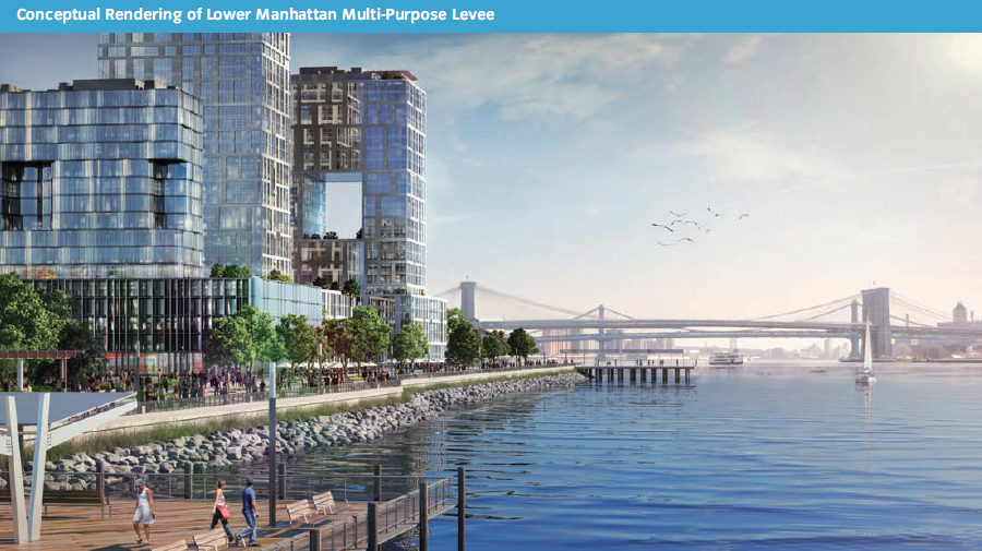 To harden the Seaport waterfront, a levee is proposed, with new development on top. (SIRR)