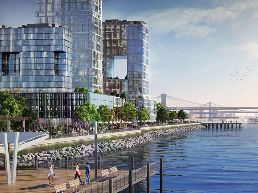 Rendering of Seaport City proposal for housing built on a levee in the East River (nyc.gov)