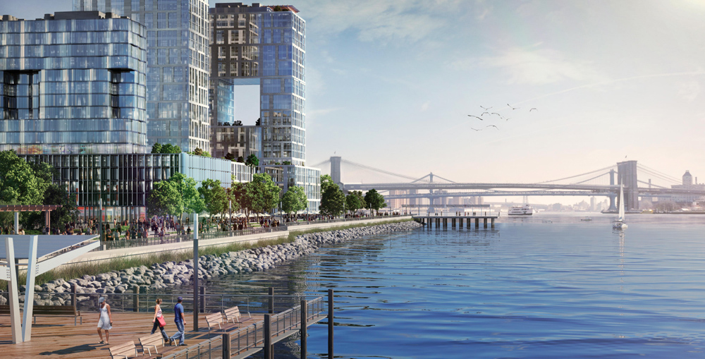 Seaport City, a concept proposed for housing atop a sea wall in southern Manhattan. (Image: SIRR)