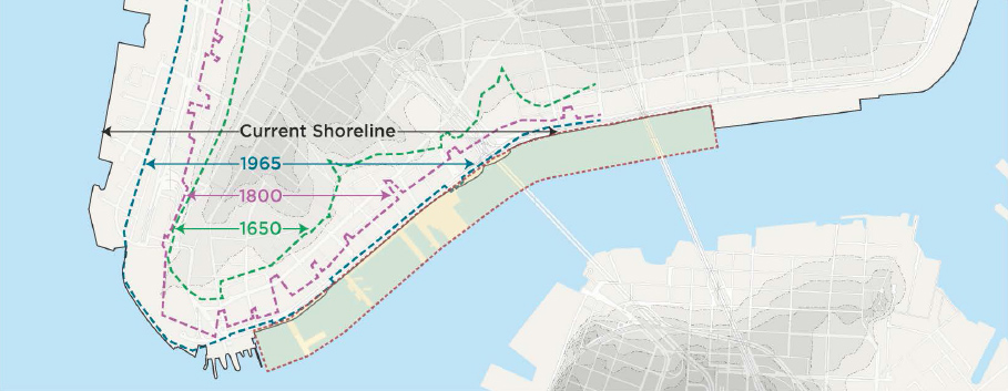 Seaport City study area shown in dotted lines. (Via NYCEDC/Arcadis.)